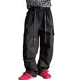 thumbnail image 2 of Bysome Girls Pants Solid Color Elastic Waist With Drawstring and Pockets Cargo Trousers Soft Girls Pants Size 5-6 Years Black, 2 of 7