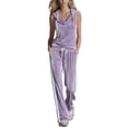 thumbnail image 2 of MLCDZ Women's Velvet 2 Piece Set Elegant V Neck Hooded Sleeveless Top and Elastic Waist Loose Fit Pants with Pockets Jogging Sets Velour Tracksuit 2000s, 2 of 7