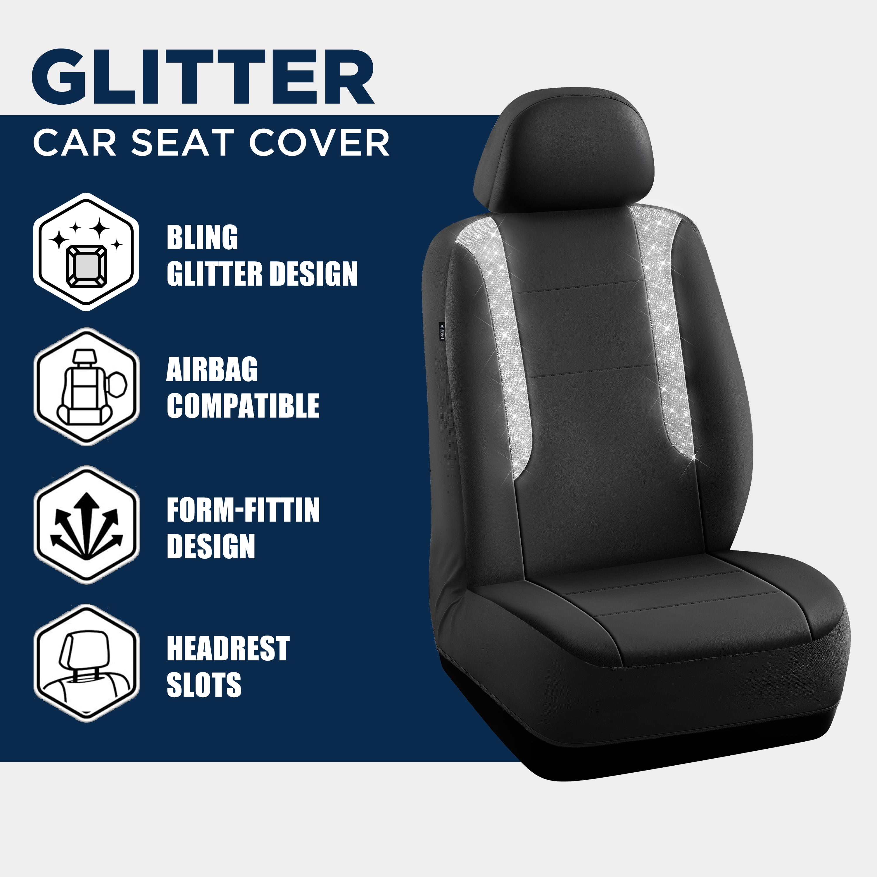 PIC AUTO Car Seat Covers - Sparkly Black Leather with Bling Glitter, Full Set, Waterproof, Airbag Compatible, Universal Fit