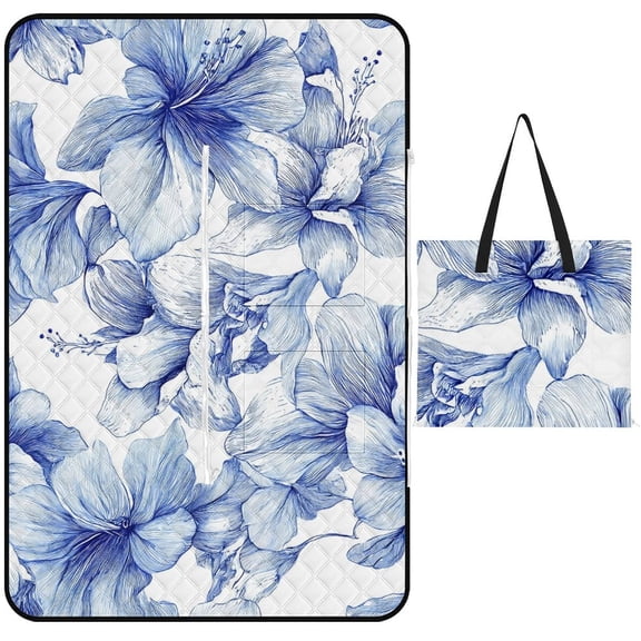 Blue Floral Pattern Intricate Design Waterproof Picnic Blanket with Foldable Zipper, Suitable for Outdoor Use, Suitable for Travel, Camping, Beaches, Parks, Grasslands, Picnic Blanket Accessories