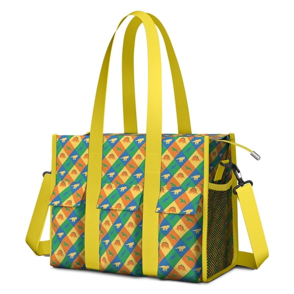 Teacher Tote Bag,Colorful Checkered Dinosaurs Pattern Teacher Utility Tote Bag,Large Work Tote Bags for Women with Multiple Pockets,Top Zipper Closure,13.8x10.6x6.7 Inch