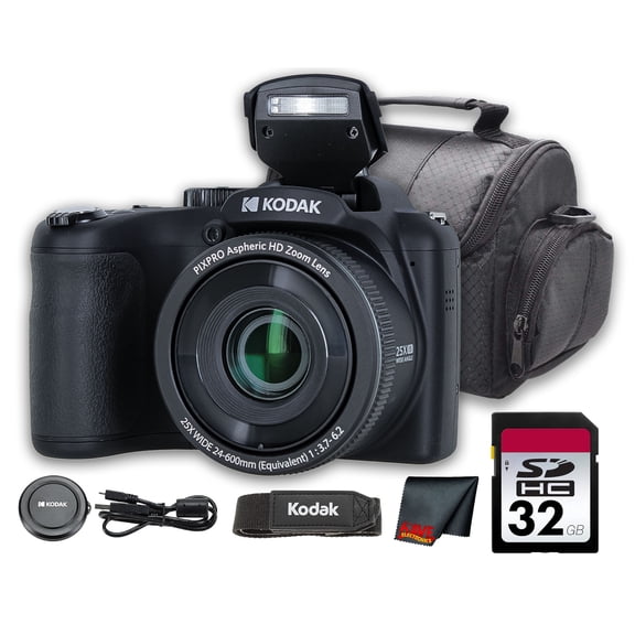 Kodak PIXPRO AZ255 16MP Digital Camera, 25X Optical Zoom, 1080p Video, 3" LCD, Black with 32GB Memory Card & Camera Case