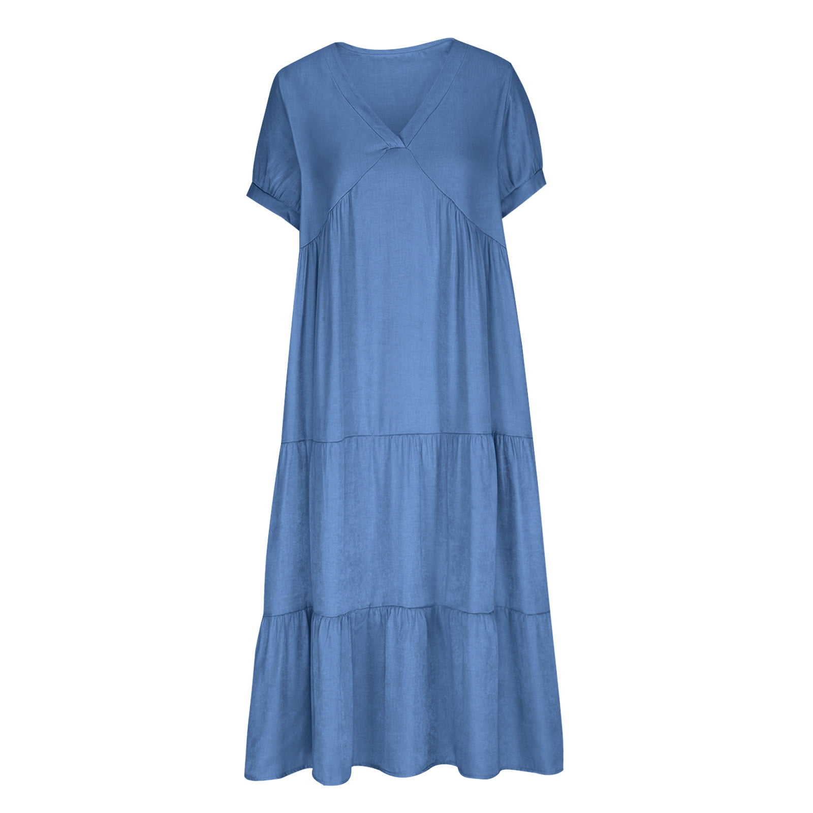 OSFVNOXV Denim Look Dress for Women Plus Size Summer Boho Loose Tiered Maxi Dress Casual V-Neck Flowy A-Line Tunic Shirt Dress,S-5XL