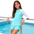 thumbnail image 7 of Cethrio Girls' Swimwear Rashguards, Beach Long Sleeve 2 Piece Tankini Tops and Swim Shorts Light Blue Size 14 T, 7 of 7