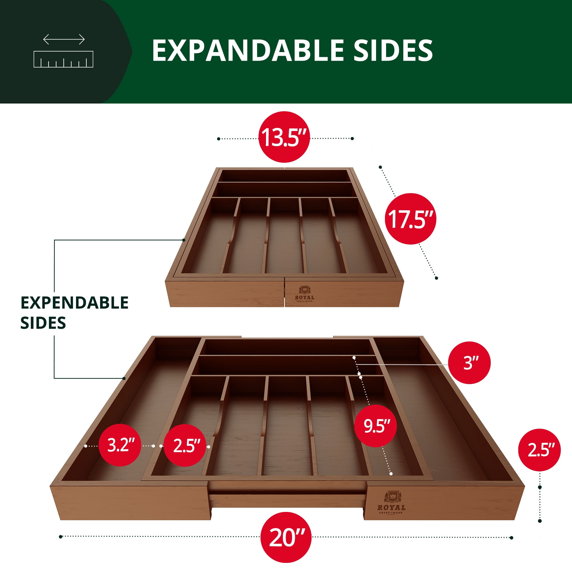 Royal Craft Wood Luxury Bamboo Kitchen Drawer Organizer - Silverware Organizer - Utensil Holder and Cutlery Tray with Grooved Drawer Dividers for Flatware and Kitchen Utensils (9 Slot, Brown)