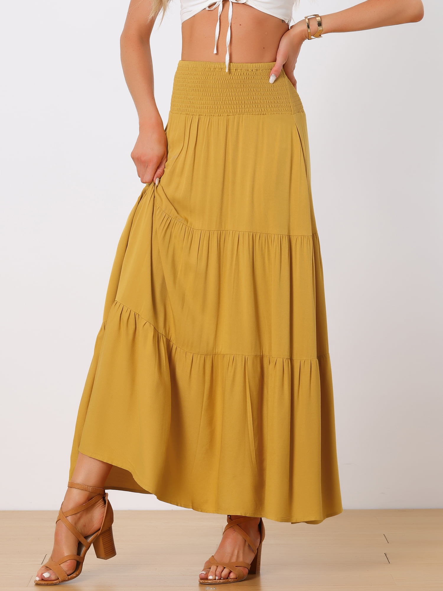 DARING DIVA Women Casual Elastic Waist Flowy Boho Summer Maxi Skirt L Yellow