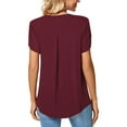 thumbnail image 4 of Women V Neck T Shirt Short Petal Sleeves Back Pleated Midline Loose Fitting Casual Blouses Wine Red XL, 4 of 5