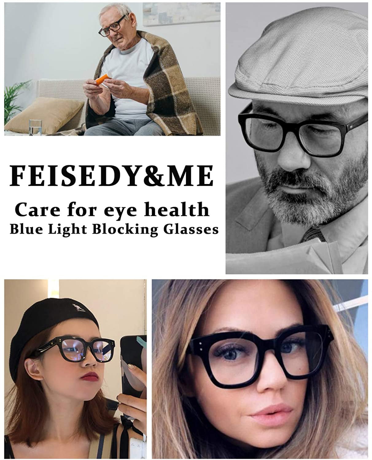 FEISEDY Retro Reading Glasses Thick Square Big Frame Blue Light Blocking Lens Anti Glare Digital Eyestrain B2534 