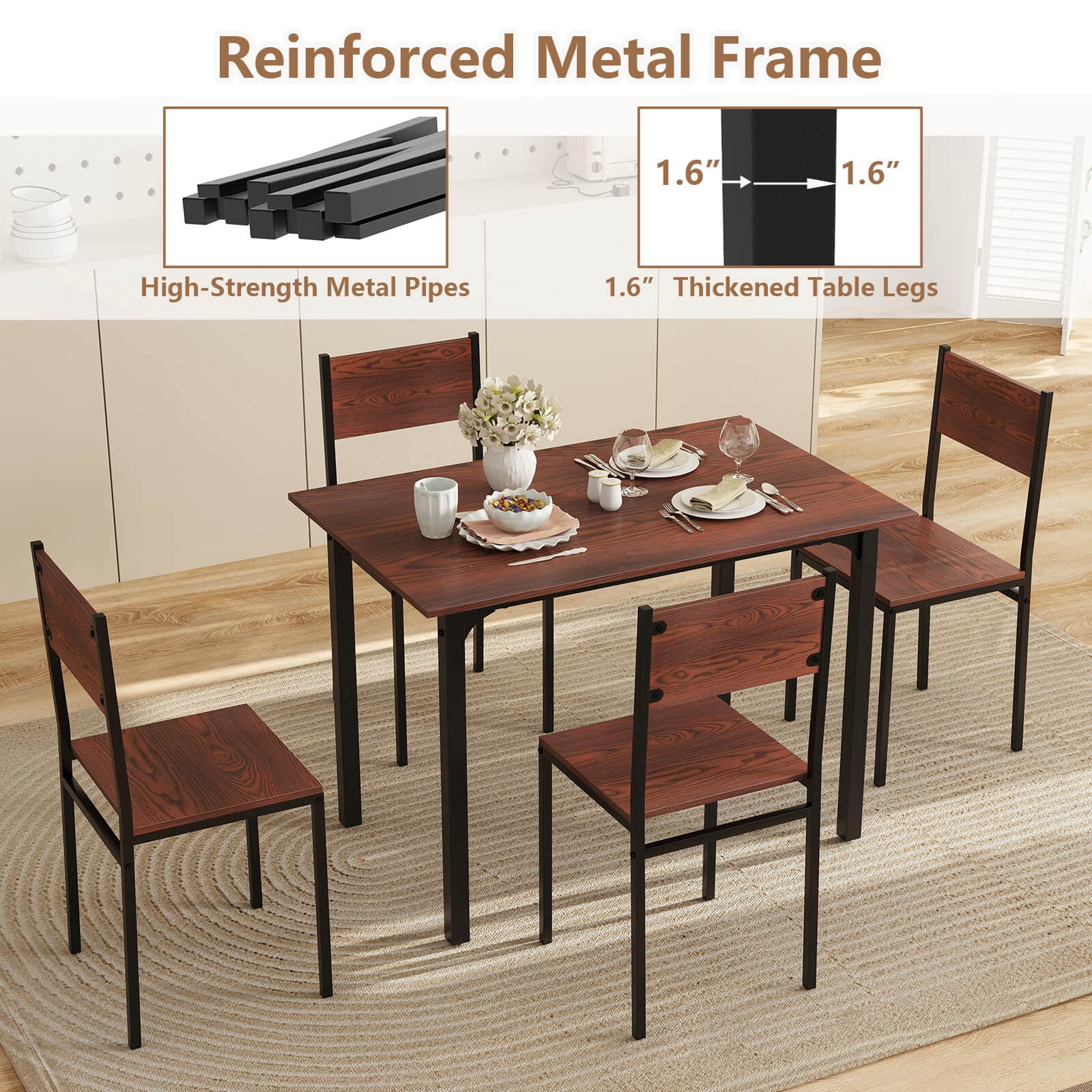 Costway 5 PCS Dining Table Set Industrial Style Kitchen Table & Chairs for 4 Dark Brown