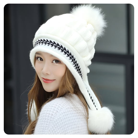 TELOLY Women Winter Beanie Hat Circle Scarf Set Pompoms Peruvian Ski Snow Ear Flaps Sherpa Knit Hats Fleece Lined Keep Winter with Hair Hemming Knitted Warm Baseball Caps White One Size