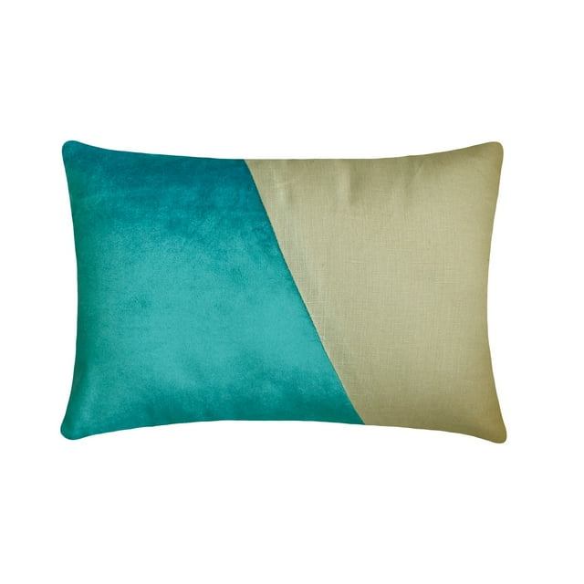 The HomeCentric Decorative Turquoise Blue 12"x20" (30x50 cm) Lumbar Pillow Cover, Velvet & Linen Solid Color Block Oblong Pillow, Patchwork Pattern Modern Style - Velutinous Turquoise