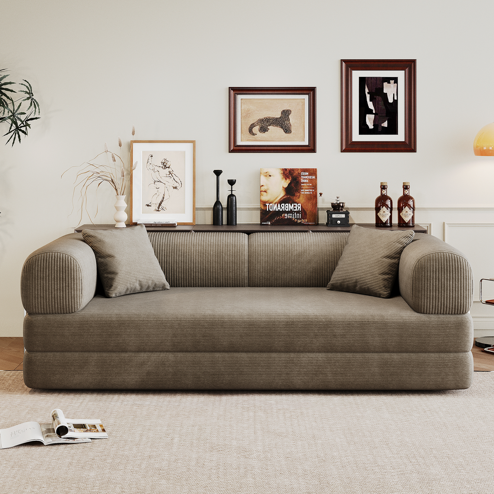 Miniyam 79" Convertible Floor Sofa Bed with Pillow Back Support Armrest for Living Room, Bedroom, Camel