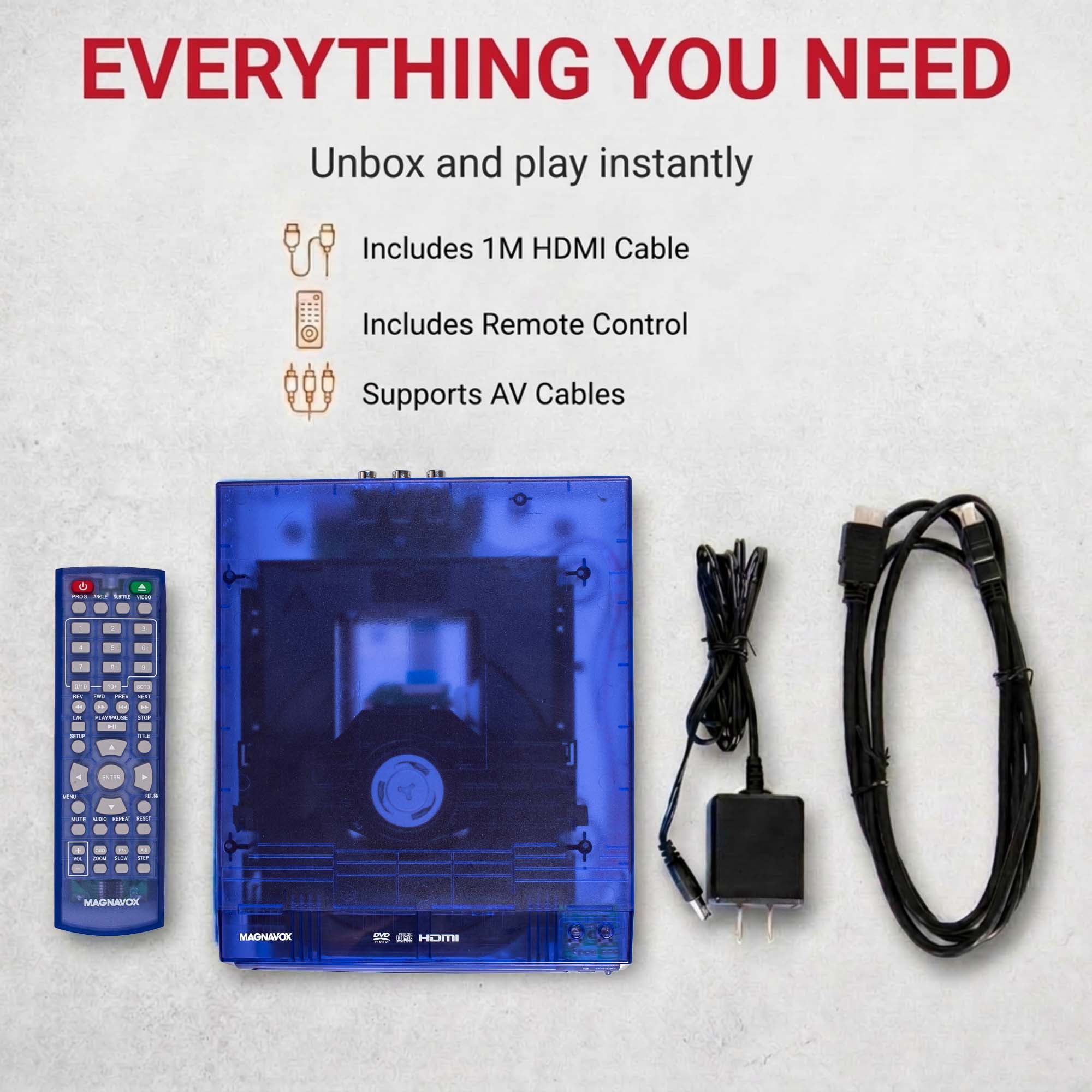 Magnavox Translucent DVD Player with HDMI Cable, Multi-Format DVD CD MP3 Player, HDMI Output, Remote Control, PAL/NTSC Compatible, 2 Channel Audio, Universal Power 100–240V, Blue
