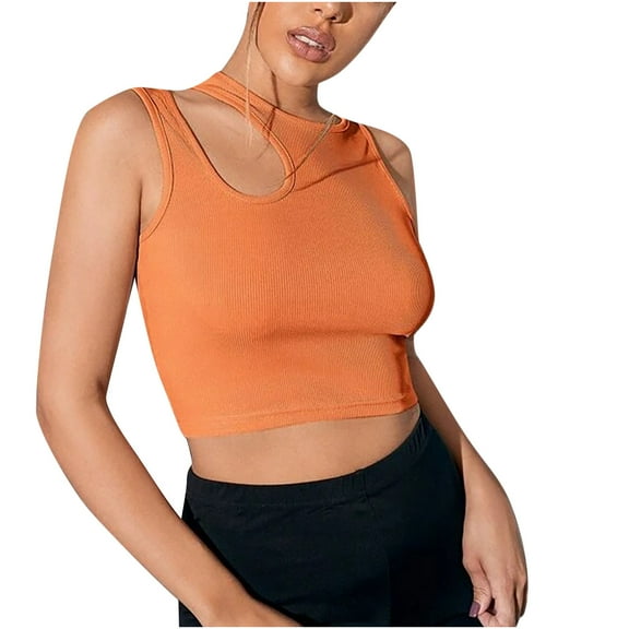 Women's Cut Out Sleeveless Round Neck Slim Fitted Ribbed Tank Crop Top Summer Cami Croset Tops Streetwear