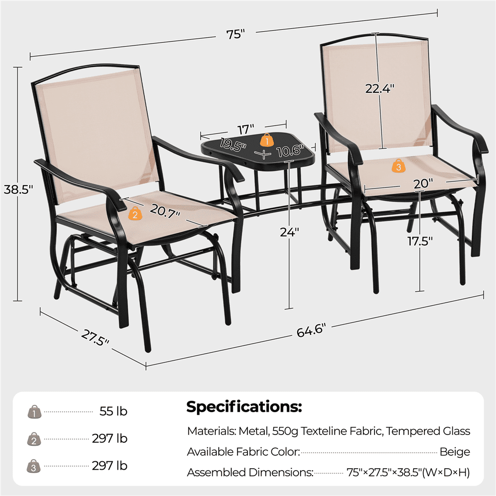 Alden Design 2-Person Texteline Patio Glider Chair W/ Table for Outdoor, Beige