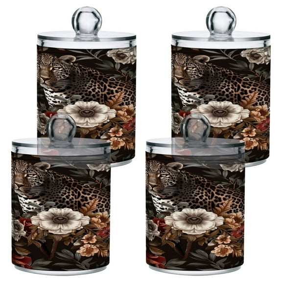 4 Pack Qtip Holder Dispenser Luxury Leopard with Flowers Clear Plastic Storage Apothecary Jars for Cotton Swabs Balls Pads Floss