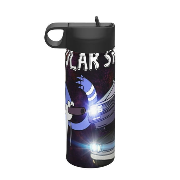 Regular Show Kids Insulated Water Bottle With Straw - 18 Oz Stainless Steel Double Wall Vacuum Cup, Leakproof, Bpa Free, Suitable For Boys And Girls