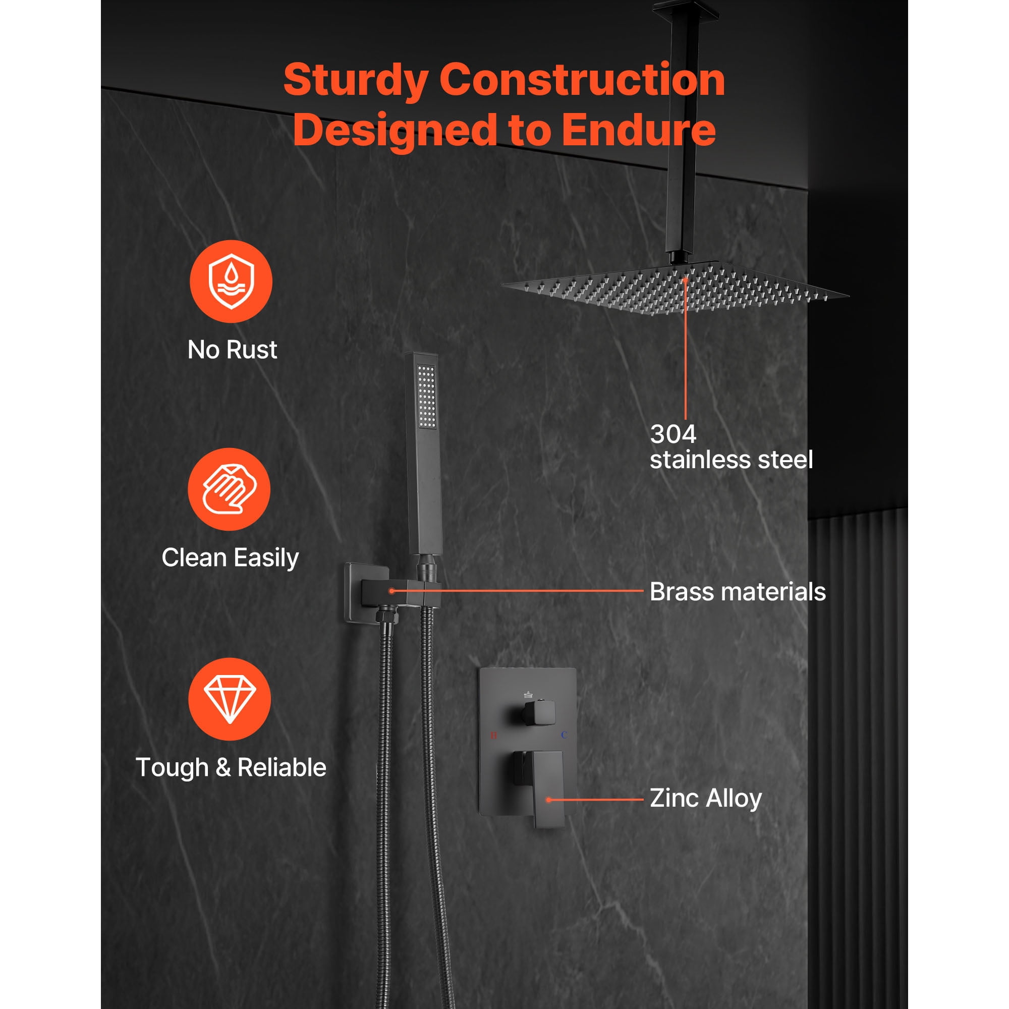 KFFKFF Shower Faucet Set with 10-Inch Square Rain Shower Head and Handheld Spray, Ceiling-Mounted Bathroom System with Brass Valve and Trim Kit, Matte Black