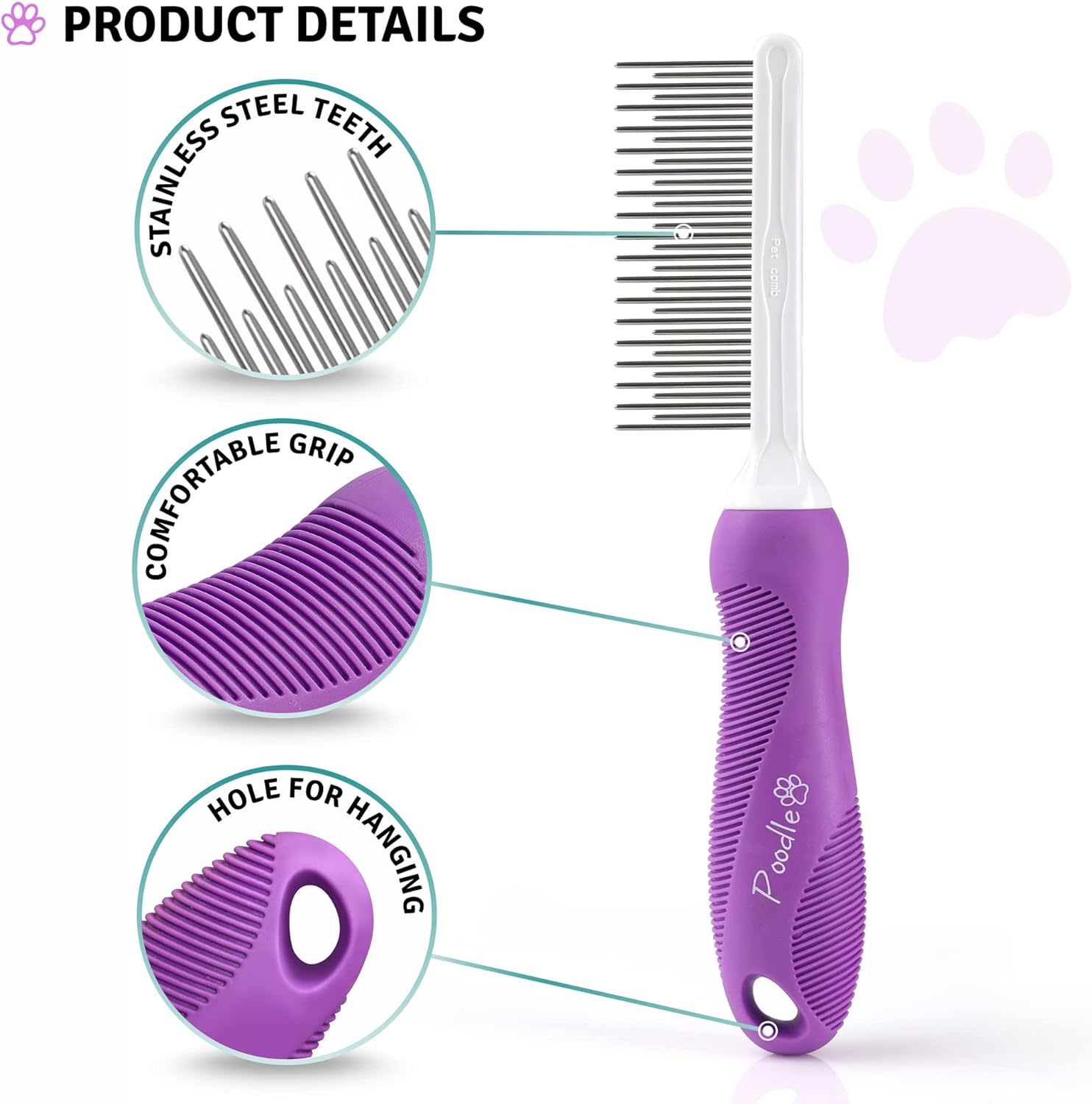 Poodle Pet 2-in-1 Stainless Steel Detangler Comb Cat & Dog Grooming Brush - image 6 of 9