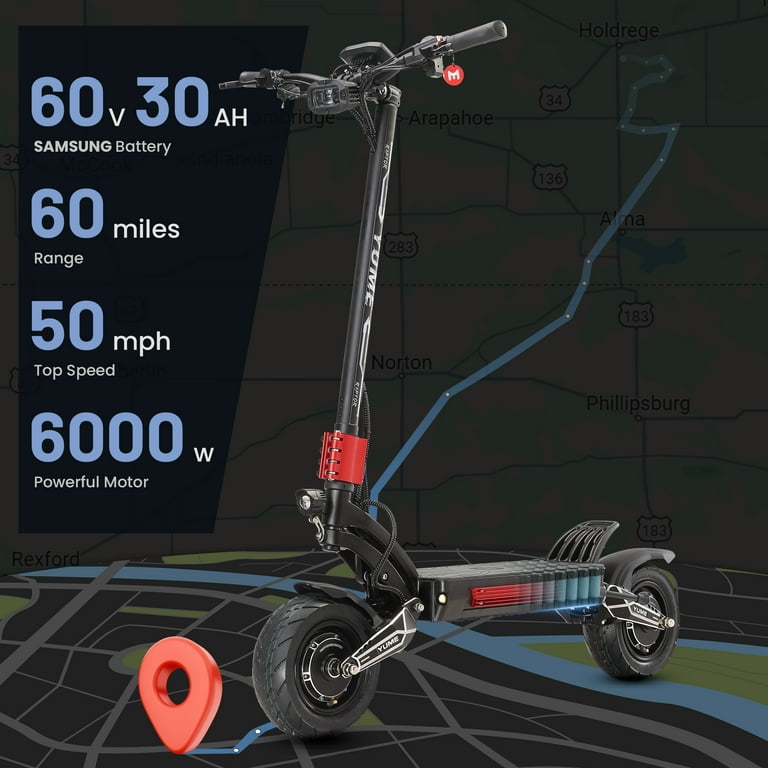 YUME Raptor Adults Commuter Electric Scooter, 6000W Motor, 60V, 60 Miles Range with Shock Absorbers - Walmart.com YUME Raptor Adults Commuter Electric Scooter, 6000W Motor, 60V, 60 Miles Range with Shock Absorbers - Walmart.com