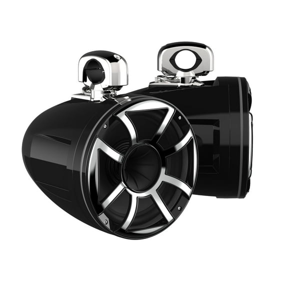 Wet Sounds REV 10 HD 10" Horn Loaded Compression Driver Tower Speakers with XS Grills & Stainless Swivel Clamps, 300 Watts RMS, Black, Pair