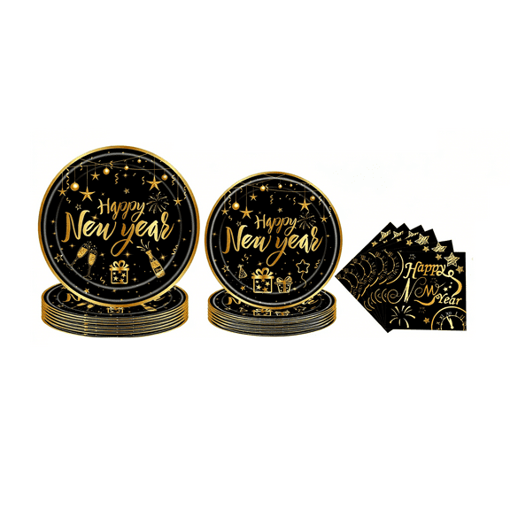 SKTMH 72Pcs New Year Tableware New Year Party Decorations New Year Plates Napkins 2026 New Year Decorations Black Gold 2026 New Year Disposable Dinnerware for Winter 2026 New Year Eve Party Supplies