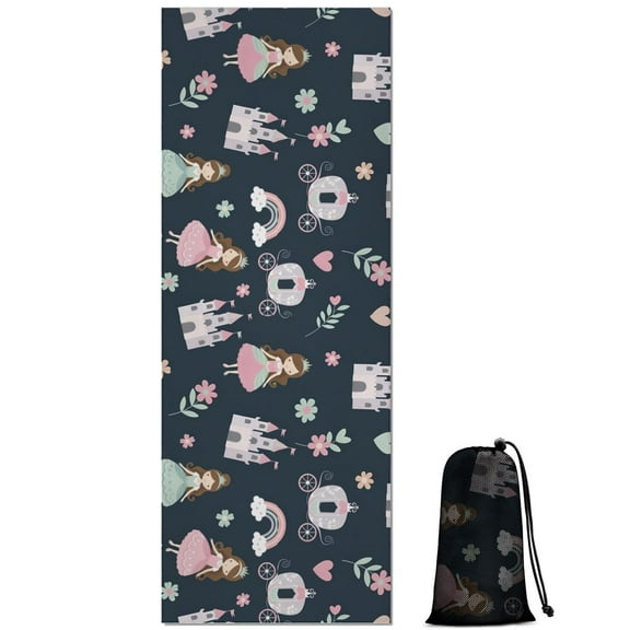 Dark Blue Princess Castle Pattern Hot Yoga Mat Towel Non Slip for Hot Yoga - Quick-Drying Yoga Mat Cover with 4 Corner Pockets with Travel Bag - Hot Yoga Towel Non Slip 70"x26"