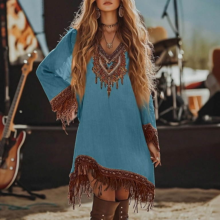 Pincandy Women's Western Dress Floral Embroidered Fringe Tassel Cowgirl  Outfits Irregular Hem Country Mini Flowy Dress - Walmart.com