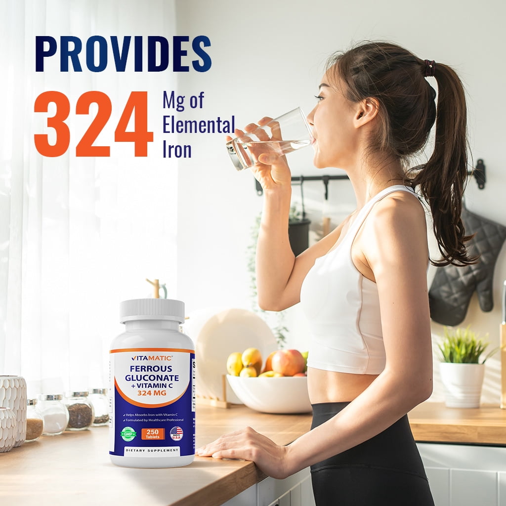 (3 pack) Vitamatic Ferrous Gluconate 324 mg + Vitamin C 100 mg - (65 mg Elemental Iron) High Potency Iron Supplement - No Artificial Color Additives - Gentle on Stomach - 250 Tablets - Made in USA