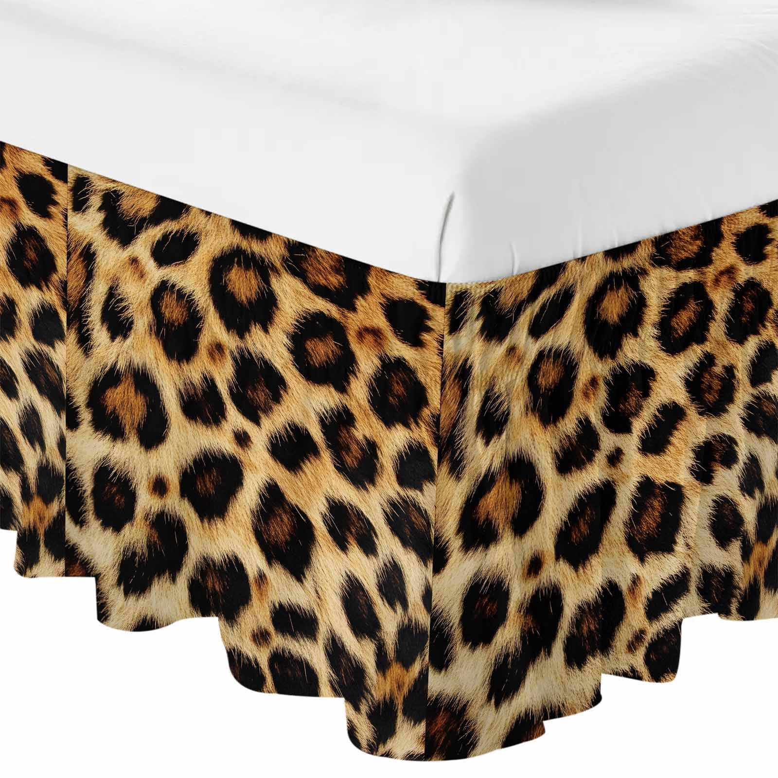 Bed Skirt Fashion Wild Style Adjustable Elastic Wrap-Around Dust Ruffle with Vintage Brown Leopard Print 16 Inch Drop, Bed Frame Cover for King Size Bed
