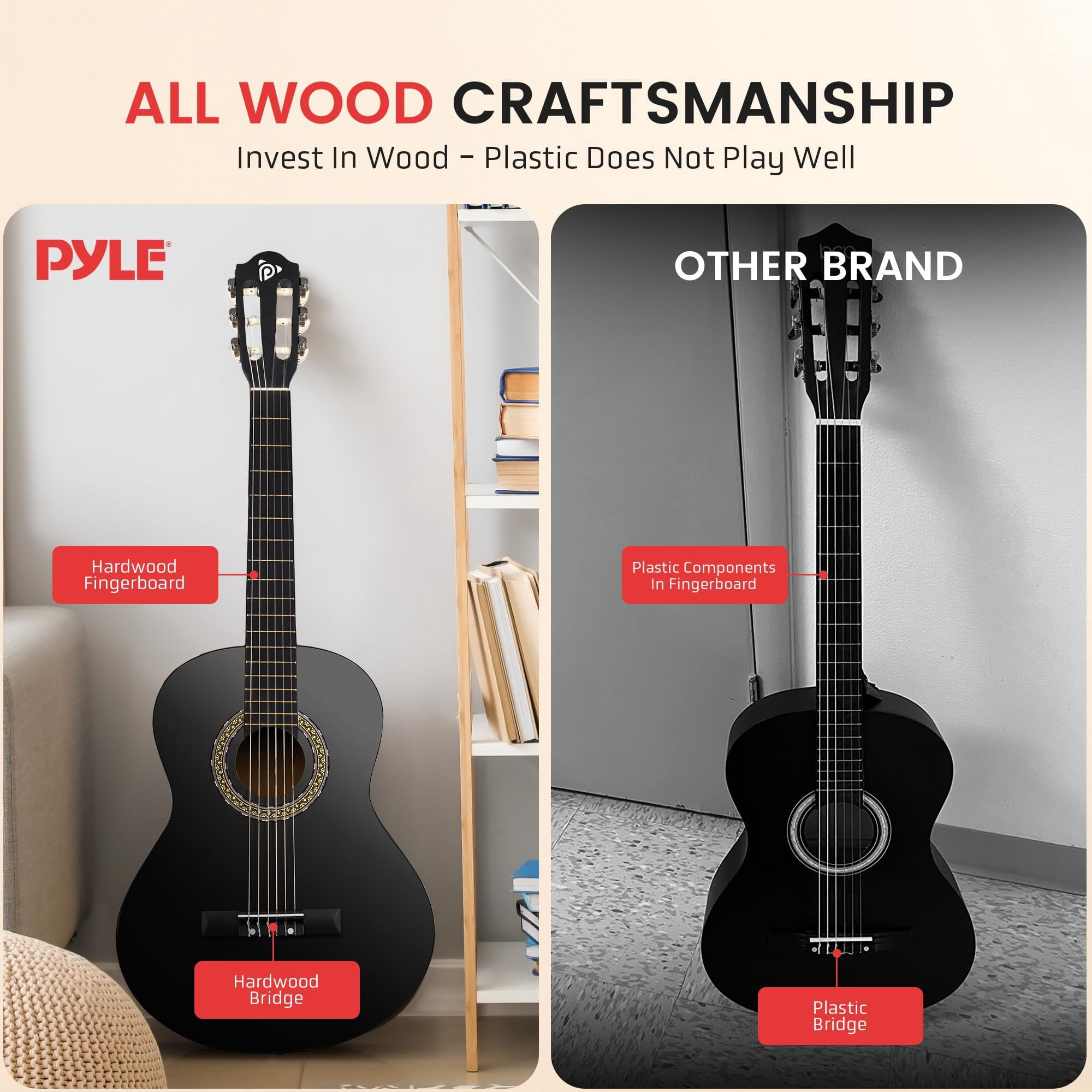 Pyle 6 String Acoustic Guitar, Right, Black Matte, 30" PGACLS30BKMT