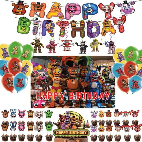 Freddy's Party Decorations  Freddy Night Happy Birthday Party Supplies Set include Banner , Balloons, Cake Cupcake Toppers, Background
