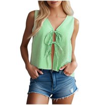 Youyipin Womens Tank Tops Women's Summer Two Piece Sets Vacation Outfits Matching Short Sets Tie Front Linen Gingham Vest And Shorts Going Out Tops
