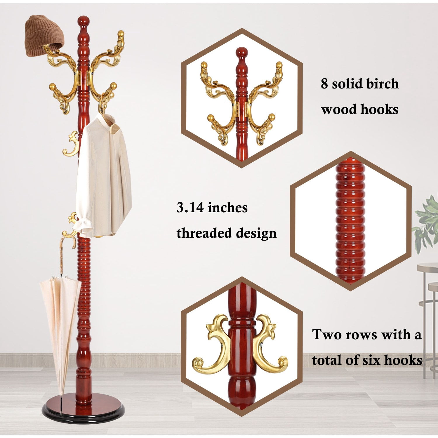 Freestanding Wooden Coat Rack, Vintage Natural Birch Wood Coat Tree with Hooks, Sturdy Hall Tree for Entryway & Office