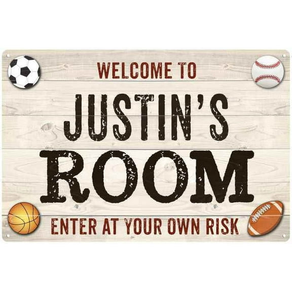 JUSTIN'S Room Kids Bedroom Sign Boy's Gift 8x12 Metal 108120090037