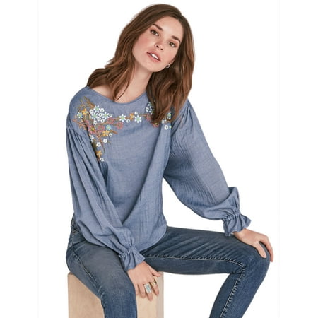 New Lucky Brand Womens Chambray Blue Embroidered Peasant Top Blouse XLarge XL 4267-4