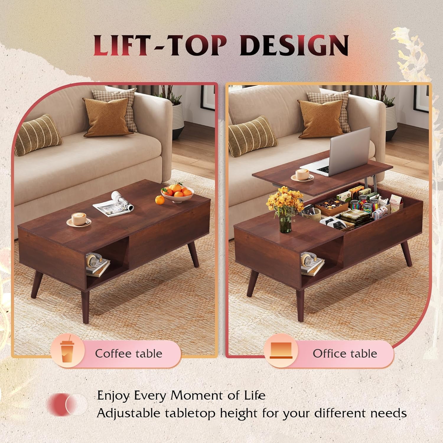 GALAXHERO Lift Top Coffee Table with Storage Small Living Room Table with Storage Shelf & Hidden Compartment Espresso