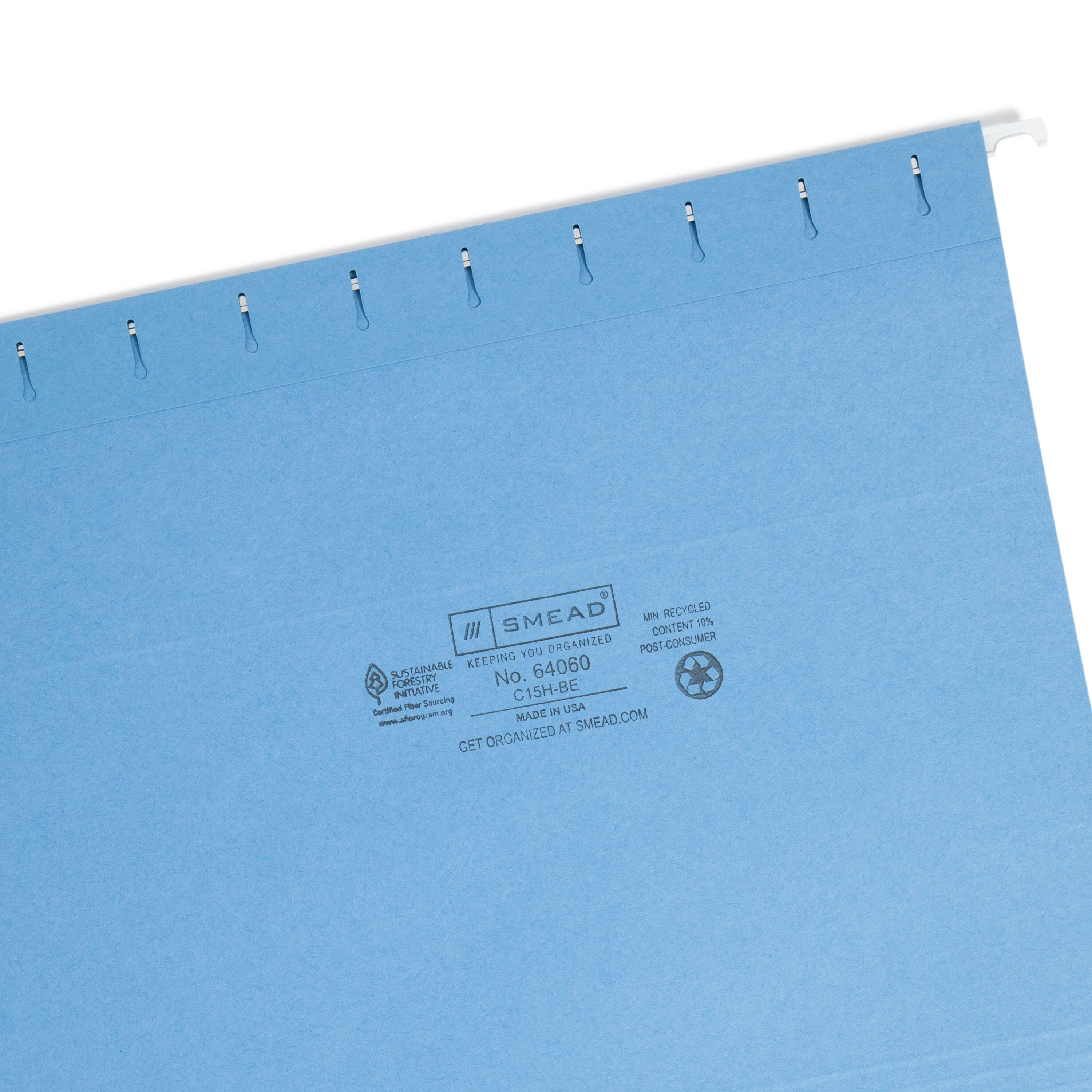 Smead Hanging File Folder with Tab, 1/5-Cut Adjustable Tab, Letter Size, Blue, 25 per Box (64060)