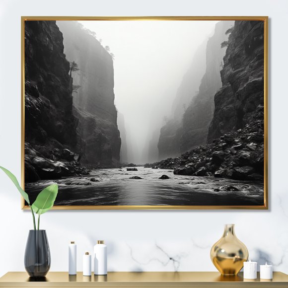Designart Canyon framed wall Art, Veiled in Fog Canyon Mystery I , canyon framed wall art decor, Grey Traditional Gold framed wall art, 40x30 inches Gold Frame