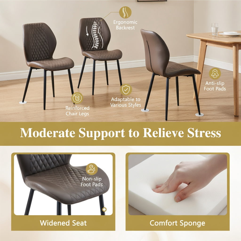 Hommoo Set of 4 Modern Light Luxury Diamond-Quilted PU Dining Chairs, Ergonomic Upholstered Chairs with Sturdy Metal Legs for Dining Room, Cafe, or Home Office, Dark Gray