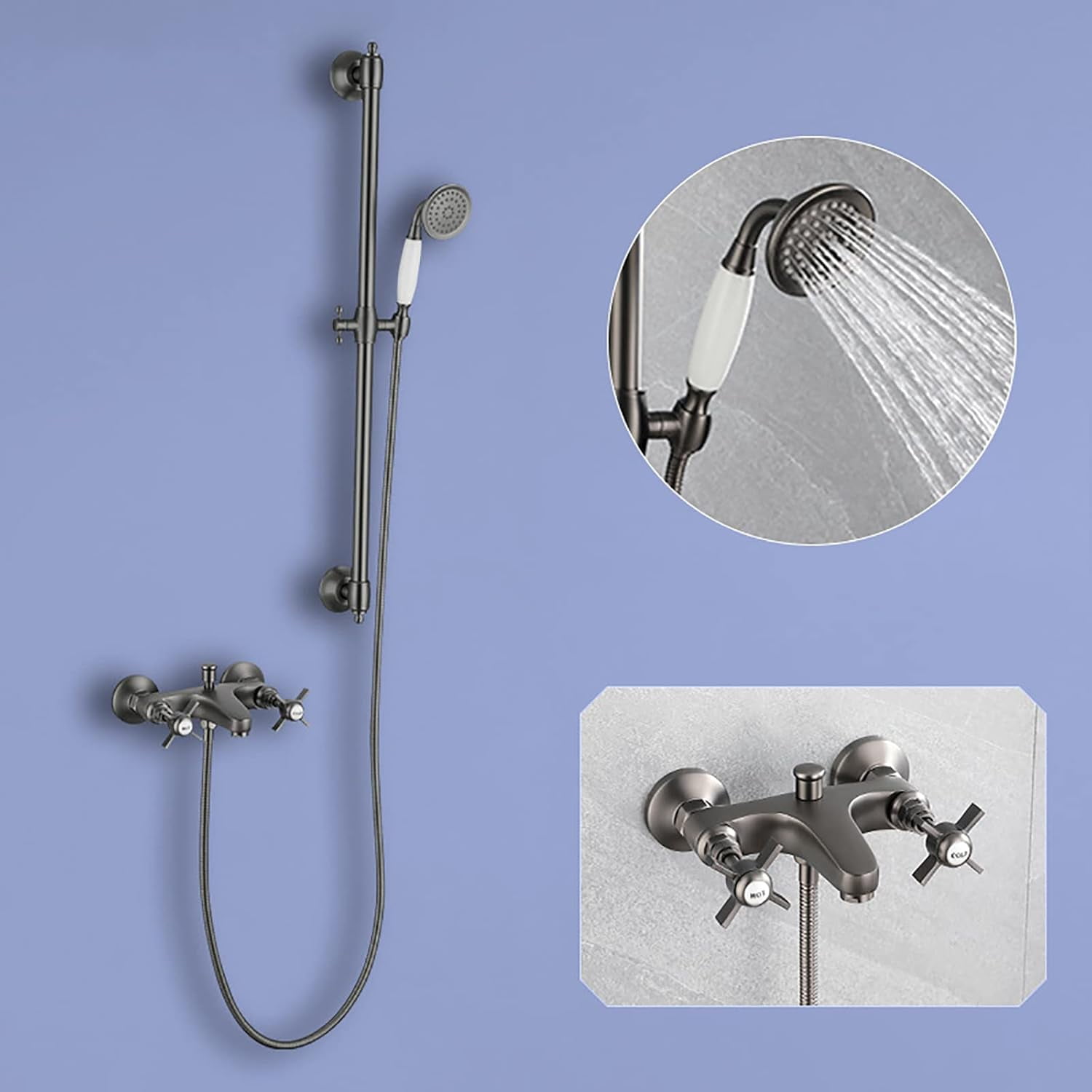Industrial Bathtub Faucet with Handheld Shower Tub Filler Faucet Wall Mount Brass Tub Faucet 2 Handles 2 Holes Tub Mixer Tap with Liftable Shower Rod, Shower Hose,Chrome