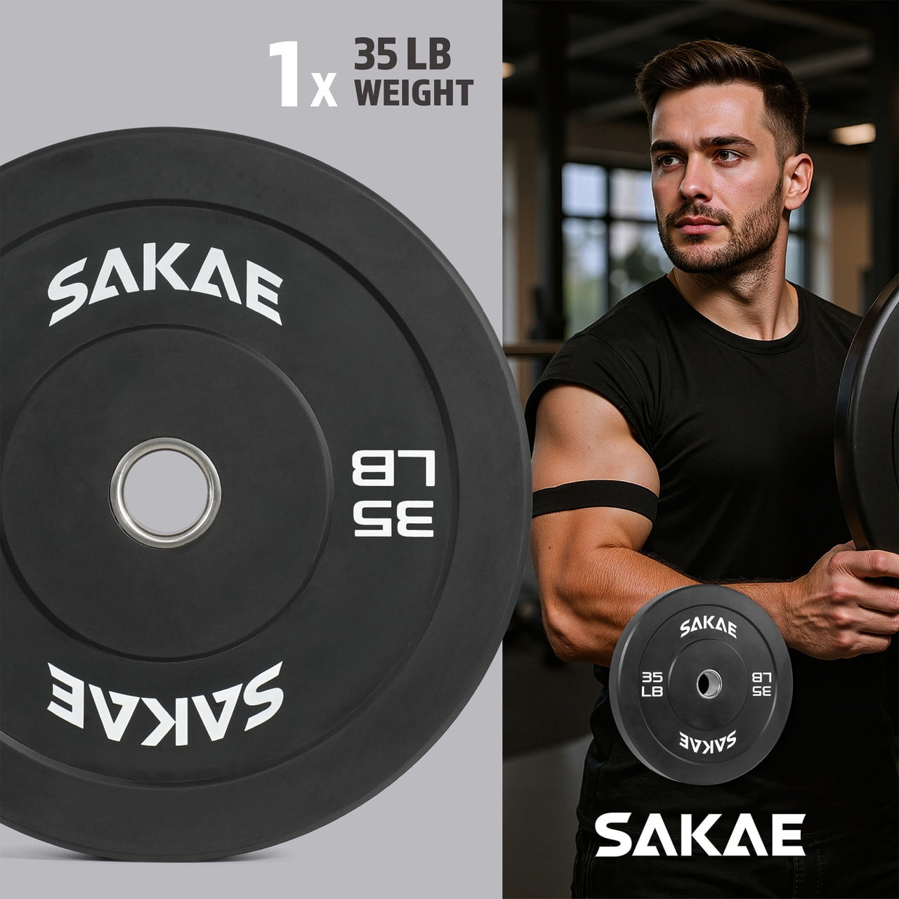 SAKAE Olympic Rubber Bumper Plates, 2-Inch Weight Plates Set with Steel Hub, Ideal for Weightlifting, CrossFit Equipment, Strength Training & Home Gym Workout, 35LB Single