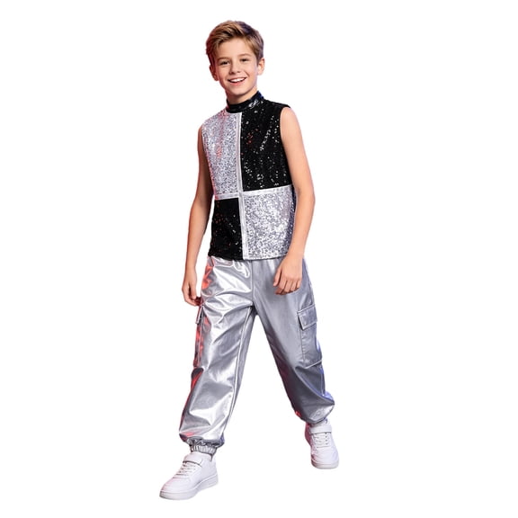 TiaoBug Kids Hip Hop Street Dance Outfit 2Pcs Sleeveless Sequin Color Block Zip Jacket with Metallic Jogger Pants Silver 8