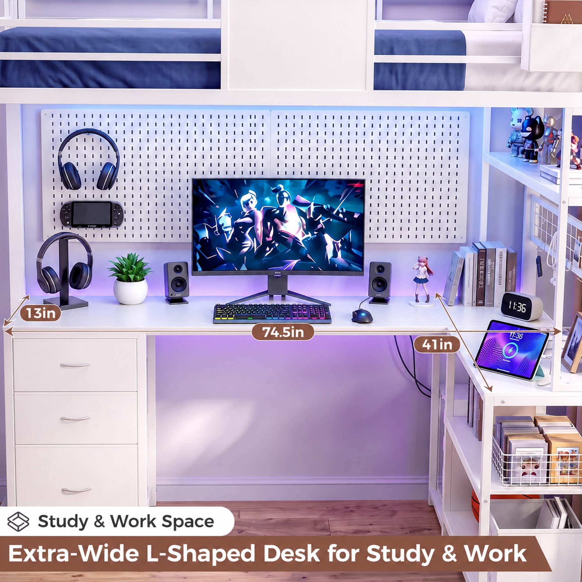 Miniyam Twin Loft Bed with L-Shaped Desk and Storage, LED Light and Charging Station, White