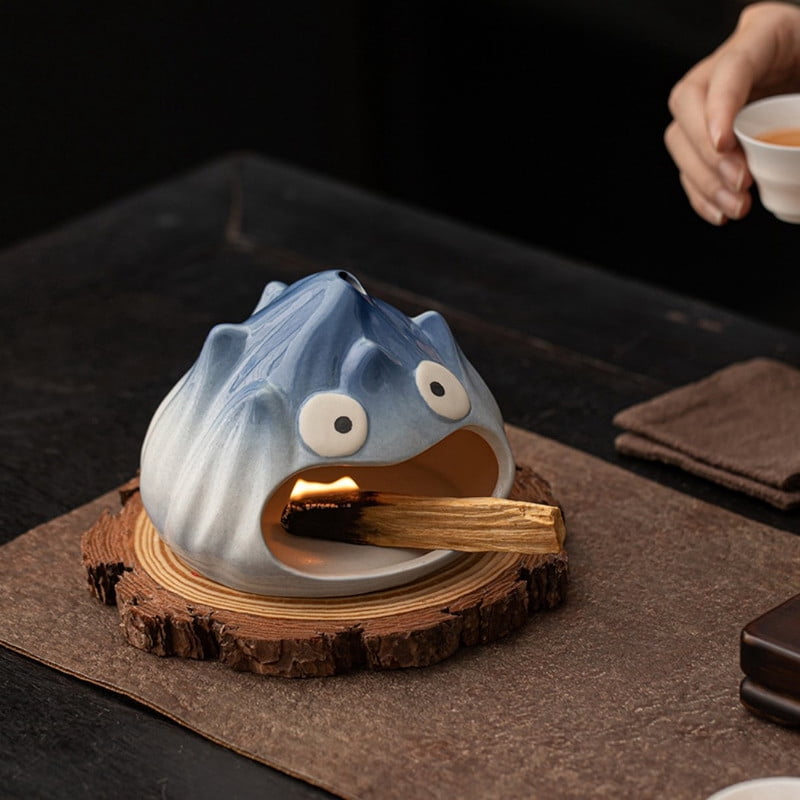 Cute Red Monster Palo Santo Holder Incense Burner - Ceramic Cartoon Holder for Holy Wood Sticks/Cones | Fun Decor for Energy Cleansing, Meditation, Bedroom & Desk (Gradient Blue-Orange Glaze)