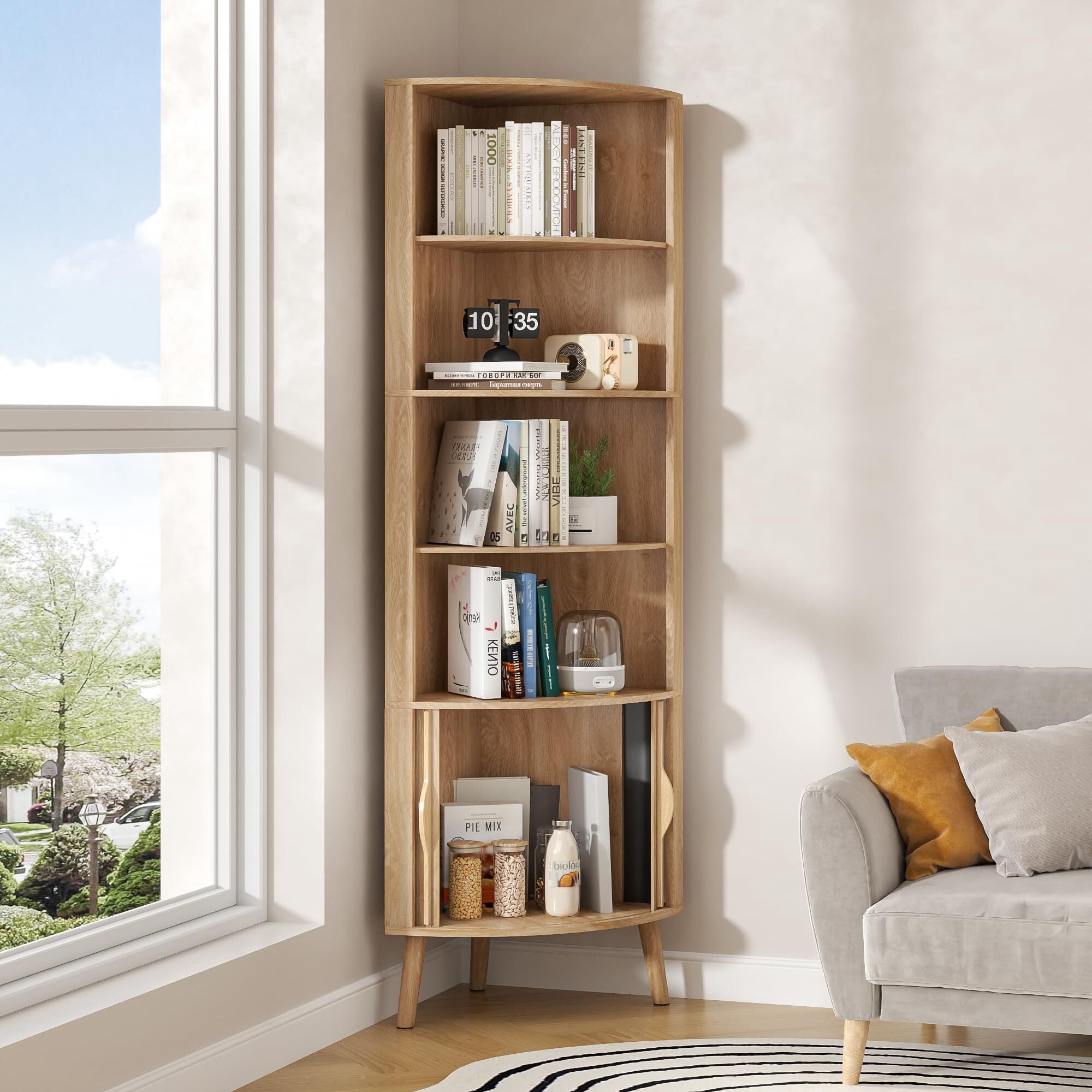 Modern Corner Cabinet, 66.7" Tall Bathroom Storage Cabinet with 2 Fluted Doors & Shelves for Kitchen, Living Room, Wood