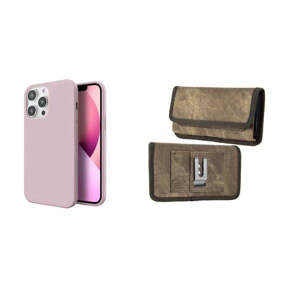 Slim Silicone Case and Belt Holster Pouch for iPhone 14 Pro Max (Pink/Brown)