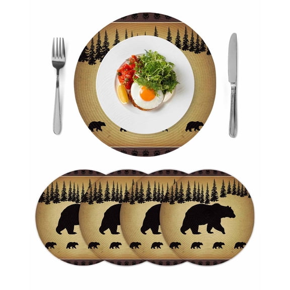 Black Bear Round 13 Inch Placemats Set of 4, Vintage Animals Farmhouse Pine Brown Forest HeatResistant Non Slip Place Mats for Dining Table, Wipeable Braided Kitchen Table Mats for Housewarming