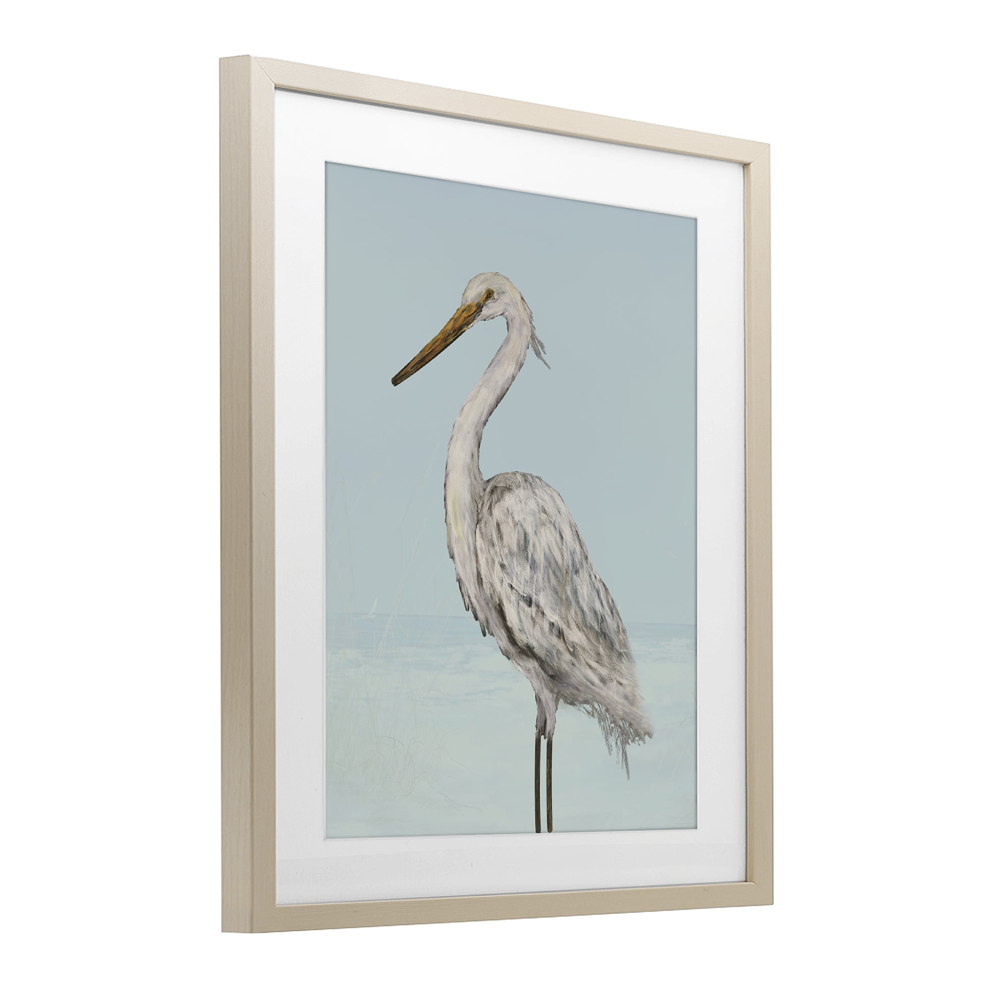 Stupell Industries Coastal Heron Muted Blue Birch Framed Print Under Glass, design by Julie DeRice