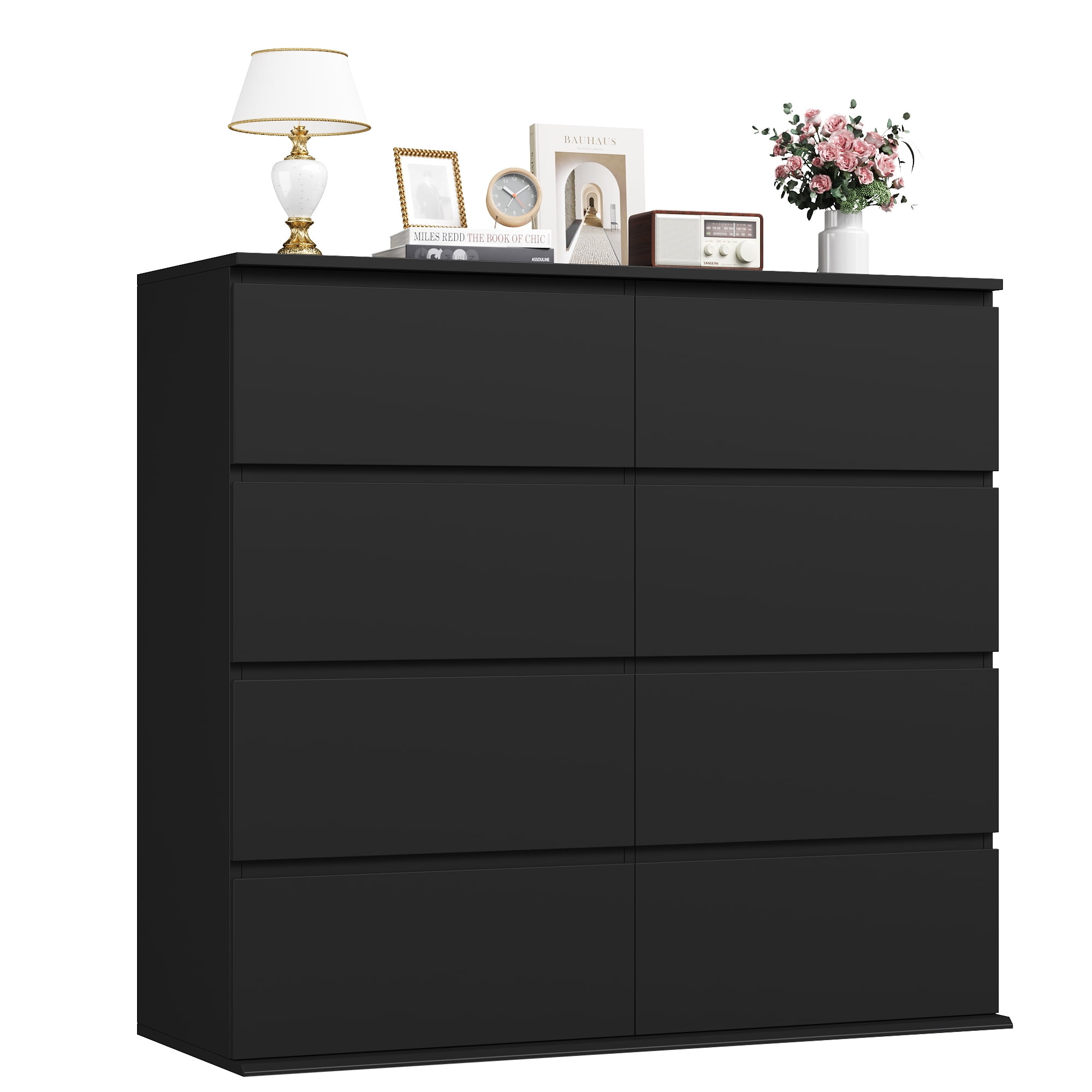Homfa 8 Drawer Dresser for Bedroom, 41.3" Horizontal Dresser Chest with Easy Pull Bevel Handle, Storage Cabinet for Living Room, Black